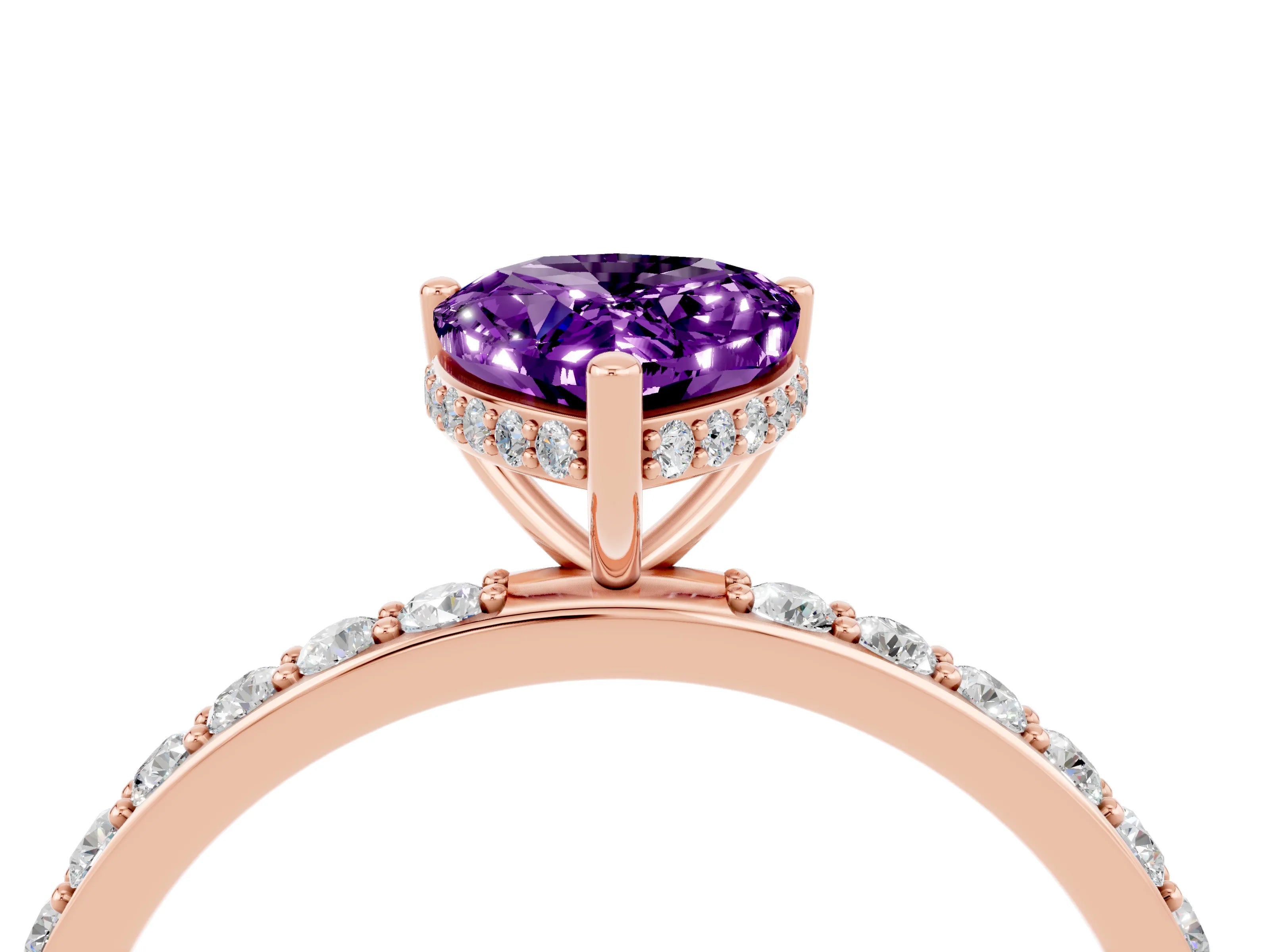 Rose gold Pear Cut Amethyst Solitaire Ring with Pavé Band and Hidden Halo_16