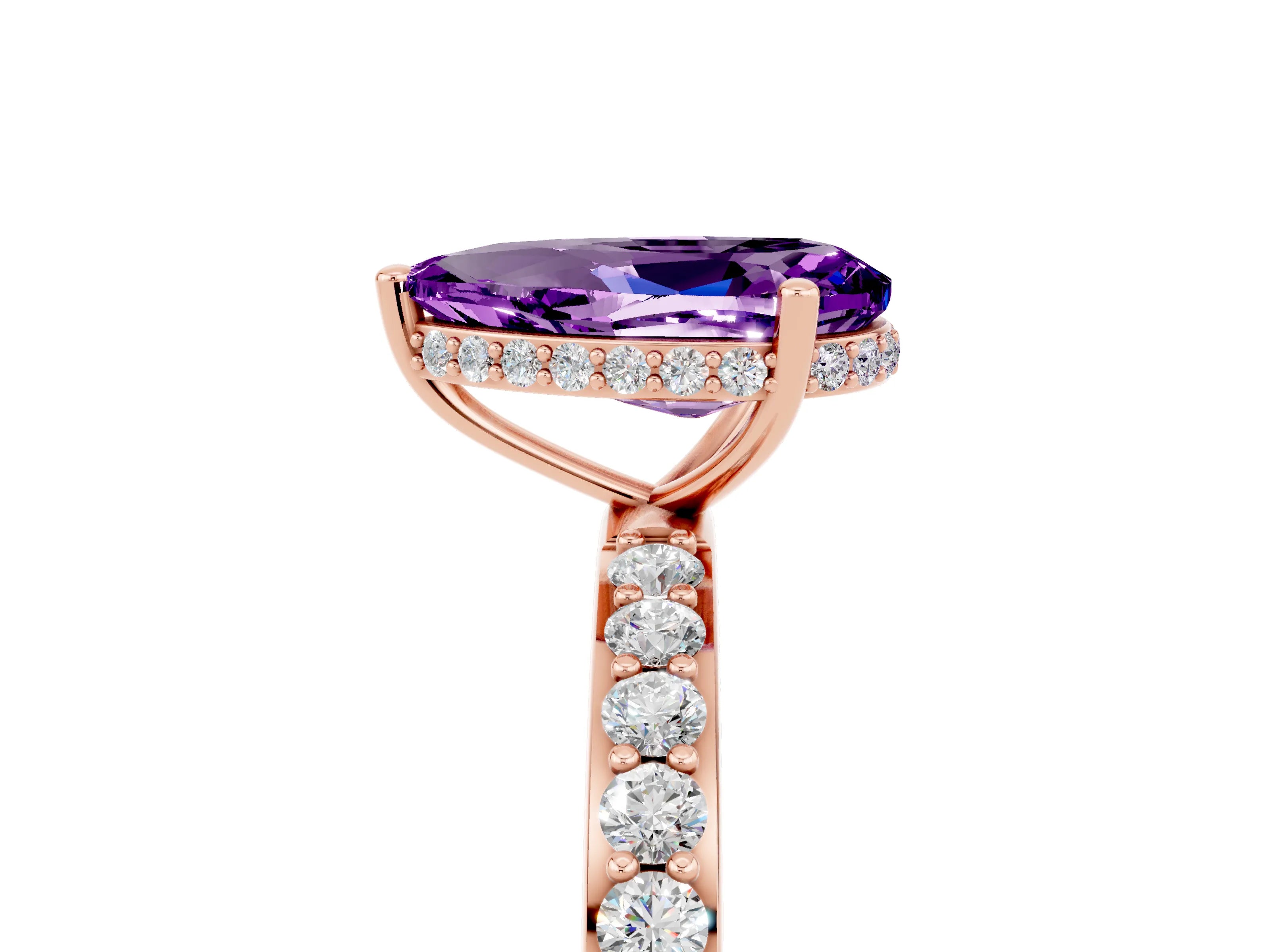 Rose gold Pear Cut Amethyst Solitaire Ring with Pavé Band and Hidden Halo_17