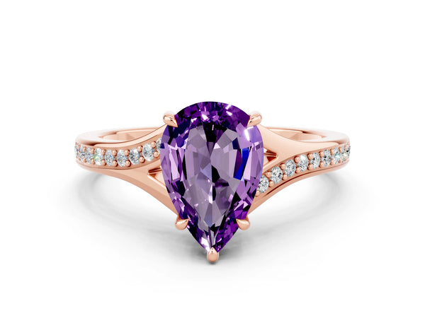 Rose gold Pear Cut Amethyst Solitaire Ring with Pavé Band and Prong Setting