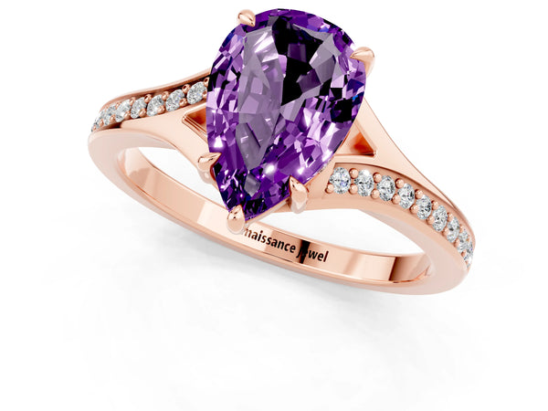 Rose gold Pear Cut Amethyst Solitaire Ring with Pavé Band and Prong Setting