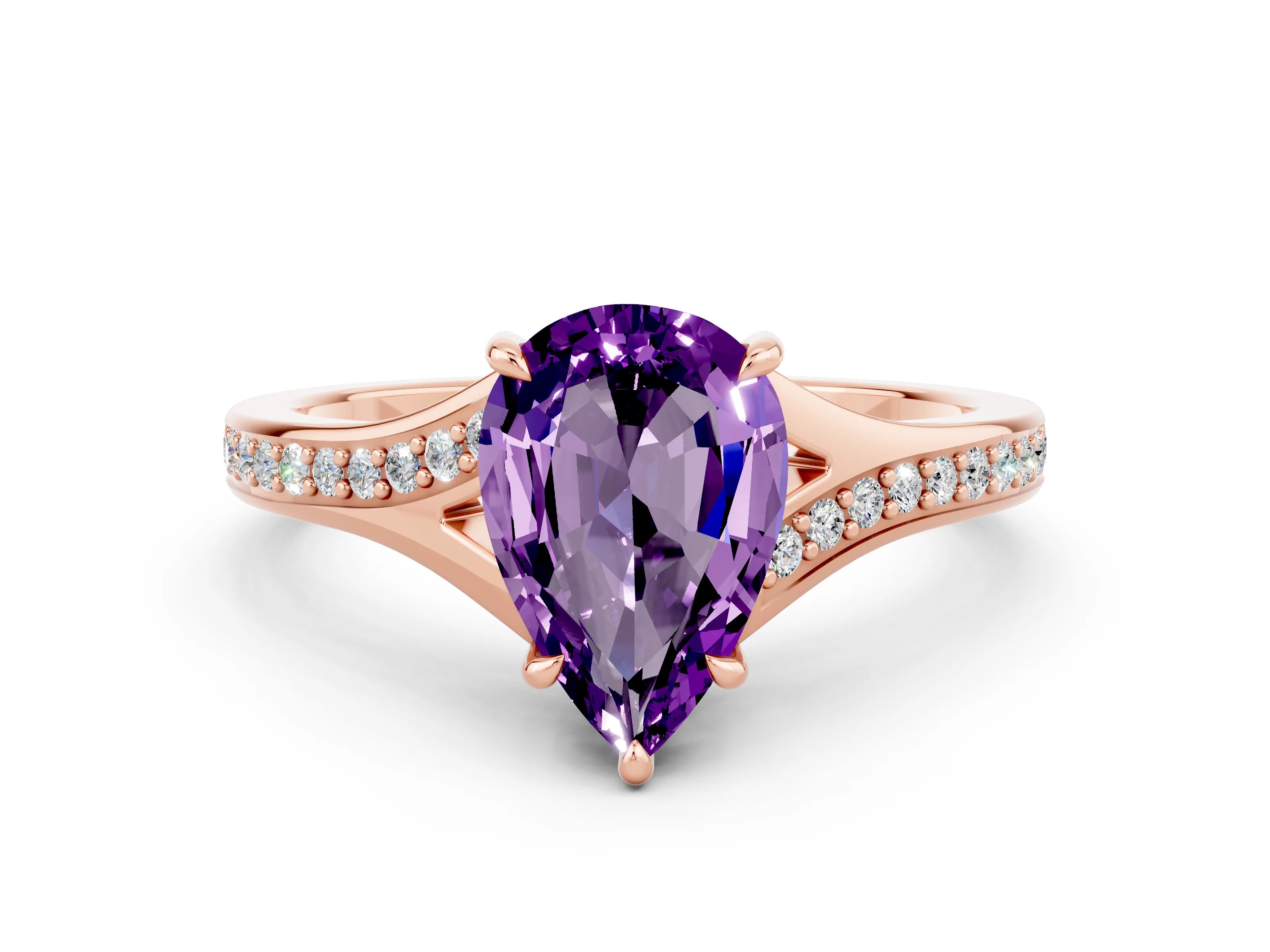 Rose gold Pear Cut Amethyst Solitaire Ring with Pavé Band and Prong Setting_12