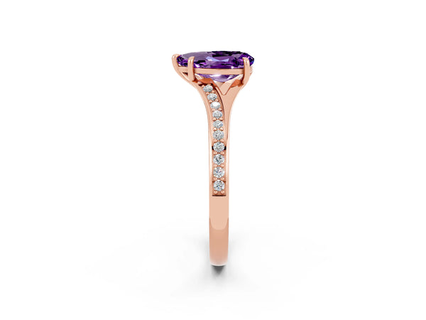 Rose gold Pear Cut Amethyst Solitaire Ring with Pavé Band and Prong Setting