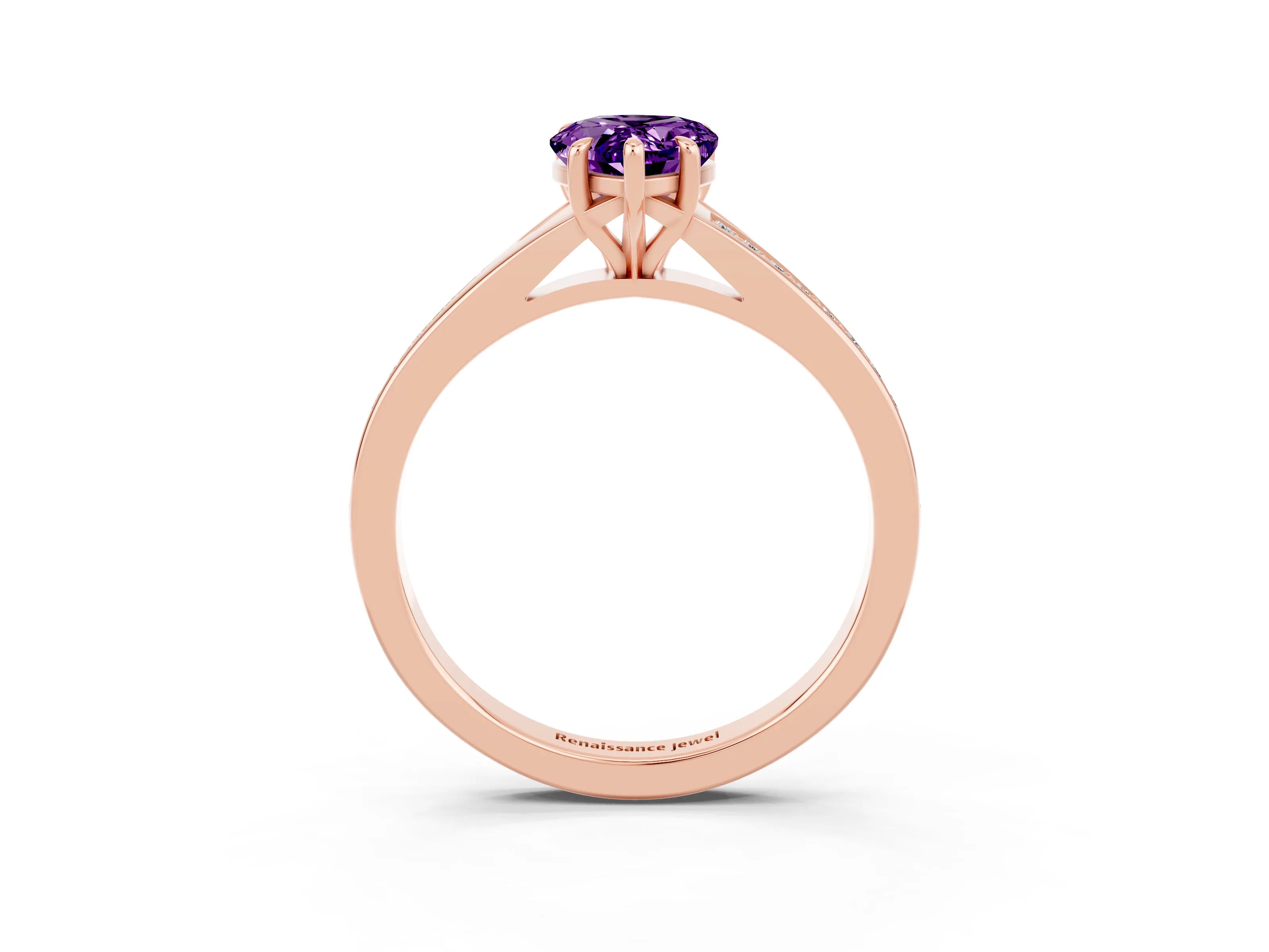 Rose gold Pear Cut Amethyst Solitaire Ring with Pavé Band and Prong Setting_3