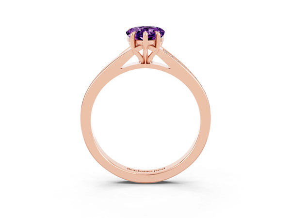 Rose gold Pear Cut Amethyst Solitaire Ring with Pavé Band and Prong Setting