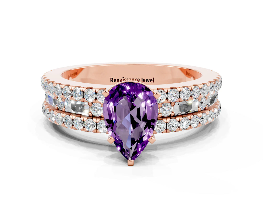 Rose gold Pear Cut Amethyst Solitaire Ring with Pavé and Channel Set Band