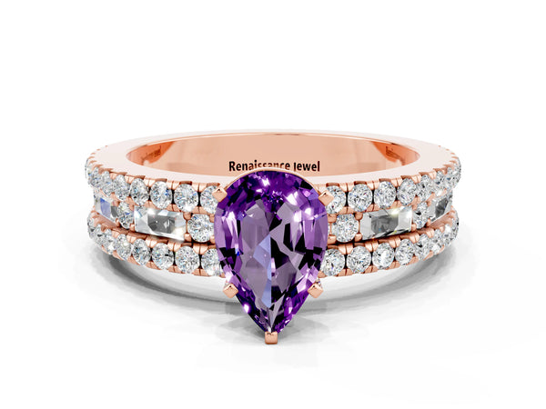 Rose gold Pear Cut Amethyst Solitaire Ring with Pavé and Channel Set Band