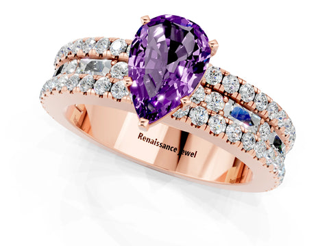 Rose gold Pear Cut Amethyst Solitaire Ring with Pavé and Channel Set Band_1
