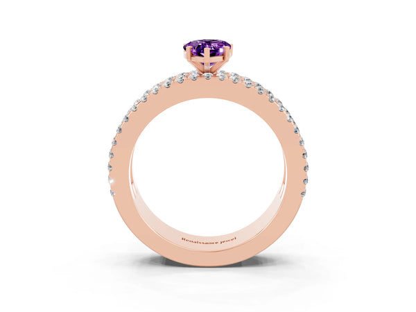 Rose gold Pear Cut Amethyst Solitaire Ring with Pavé and Channel Set Band