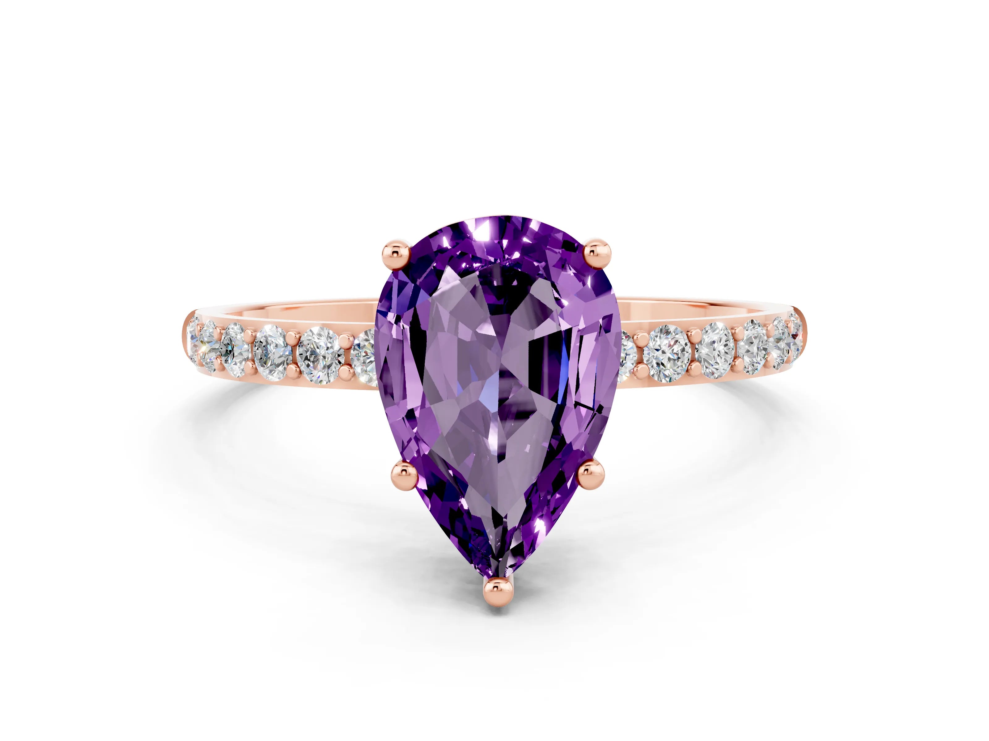Rose gold Pear Cut Amethyst Solitaire Ring with Pave Band and Four Prong Setting_12