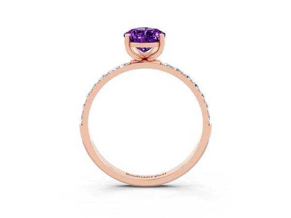 Rose gold Pear Cut Amethyst Solitaire Ring with Round  Pavé Band and Prong Setting