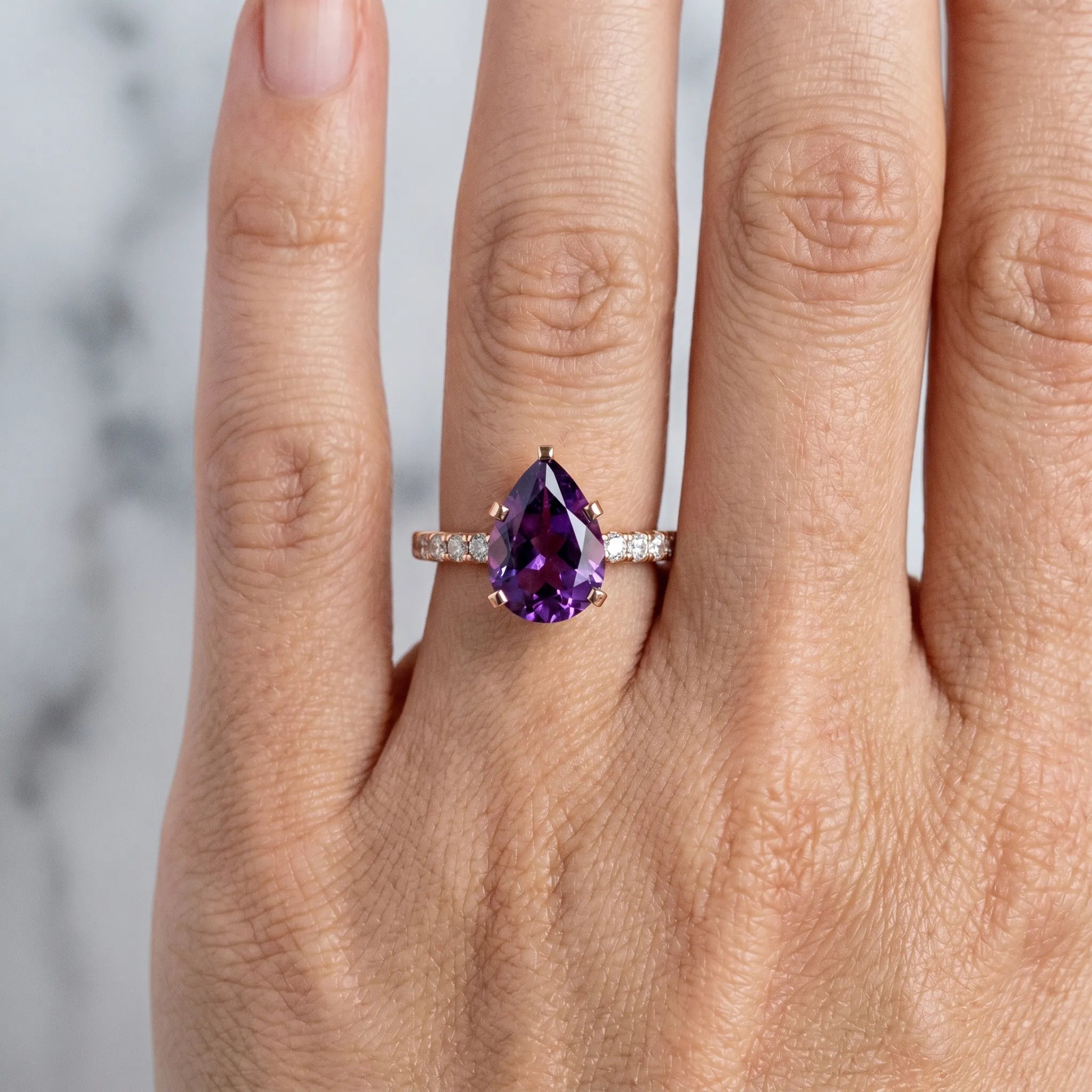 Rose gold Pear Cut Amethyst Solitaire Ring with Round  Pavé Band and Four-Prong Setting_42