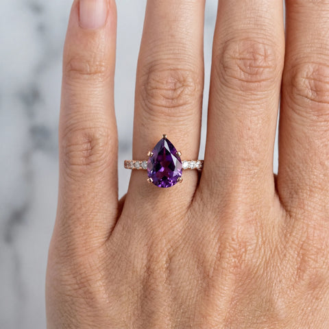 Rose gold Pear Cut Amethyst Solitaire Ring with Round  Pavé Band and Four-Prong Setting_42