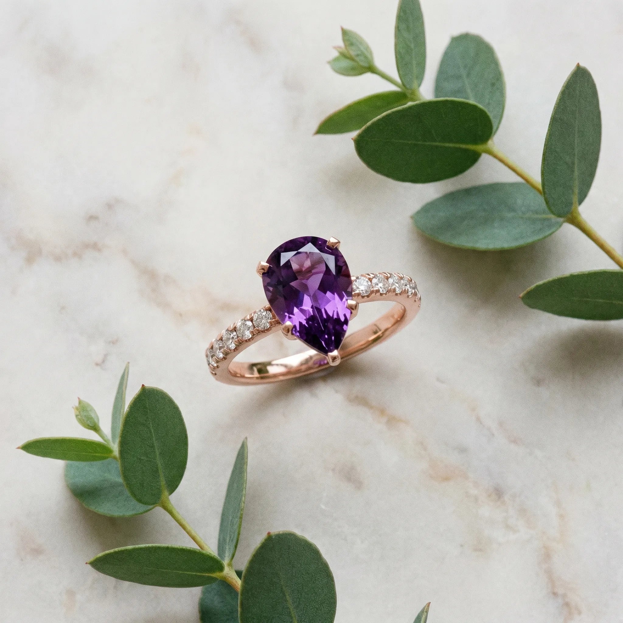 Rose gold Pear Cut Amethyst Solitaire Ring with Round  Pavé Band and Four-Prong Setting_45