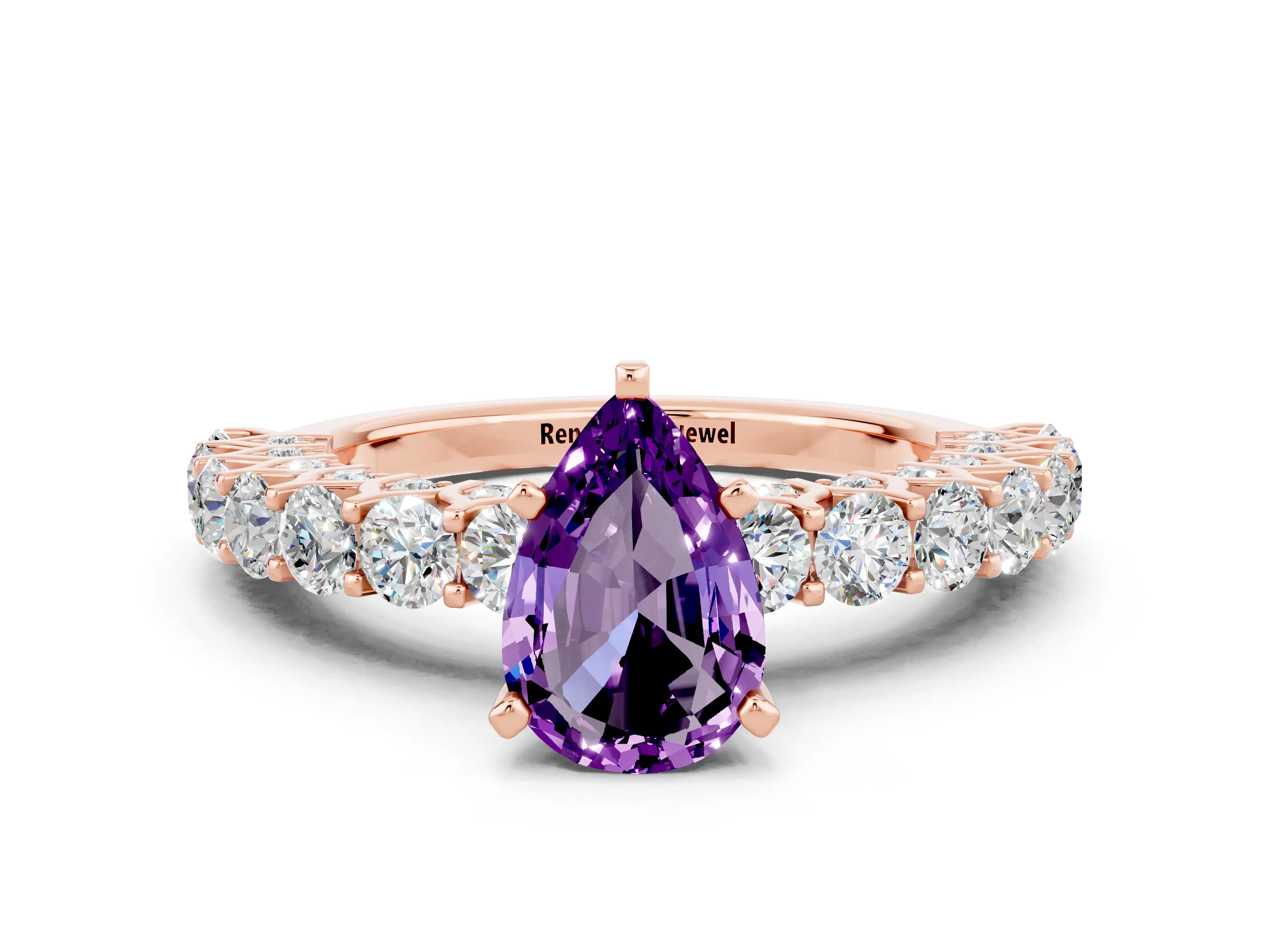 Rose gold Pear Cut Amethyst Solitaire Ring with Shared Prong Pavé Band and Four-Prong Setting