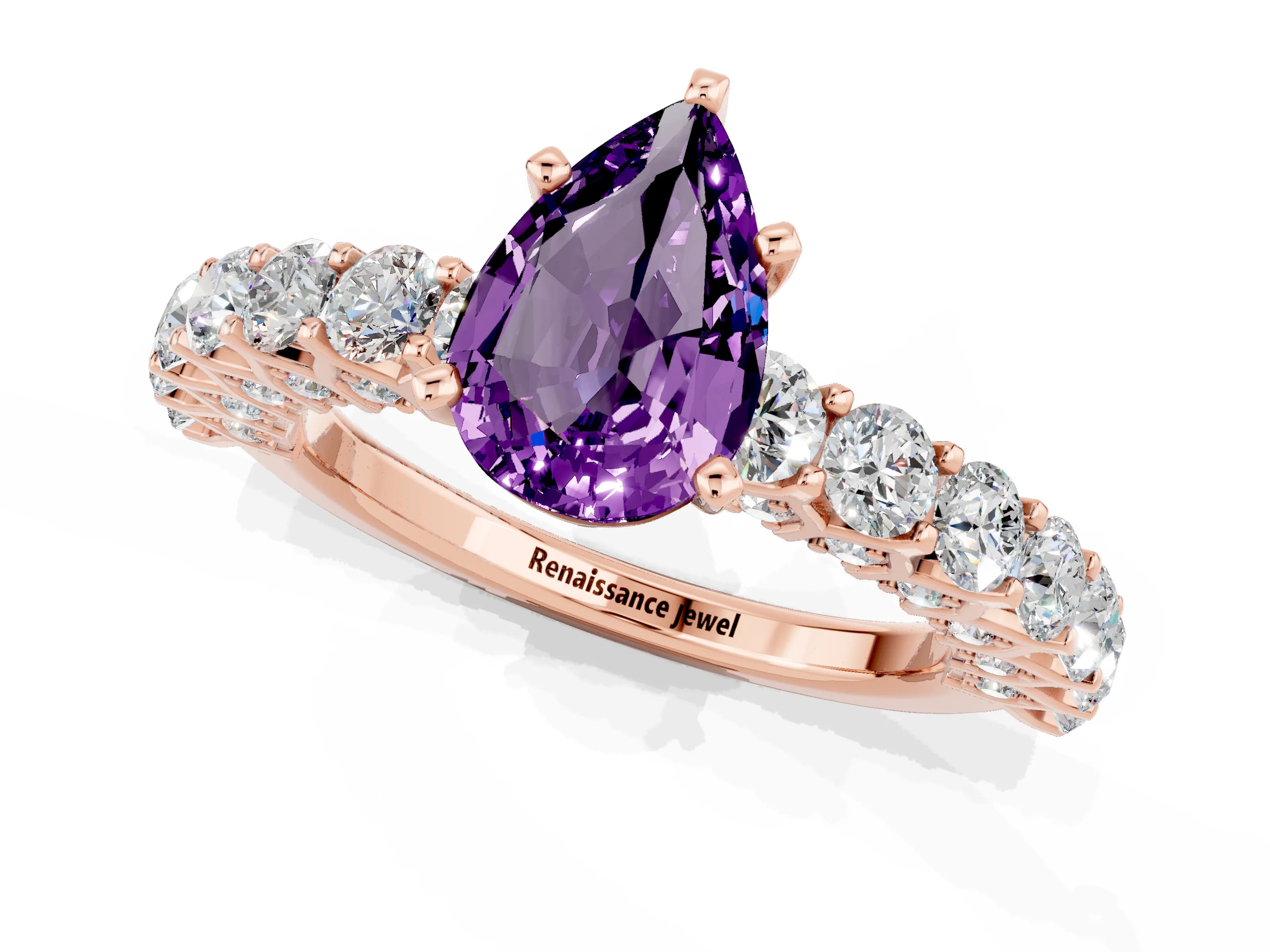 Rose gold Pear Cut Amethyst Solitaire Ring with Shared Prong Pavé Band and Four-Prong Setting_1