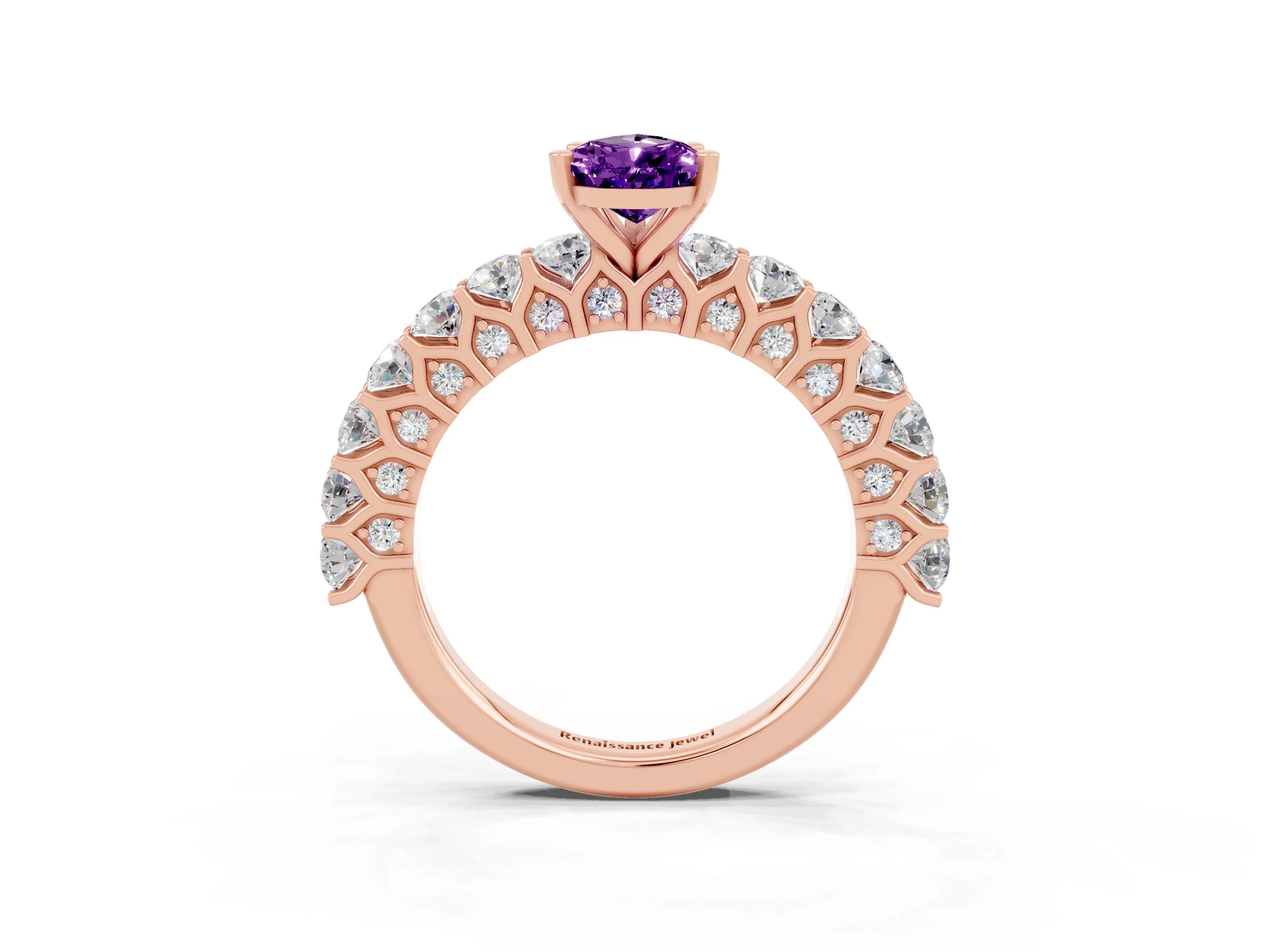 Rose gold Pear Cut Amethyst Solitaire Ring with Shared Prong Pavé Band and Four-Prong Setting_3