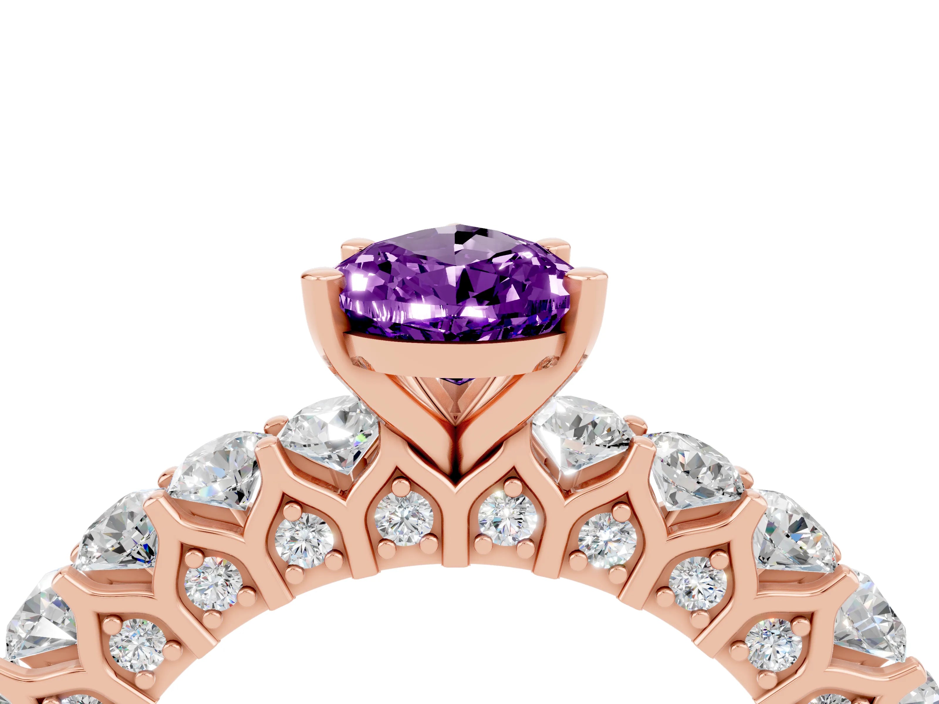 Rose gold Pear Cut Amethyst Solitaire Ring with Shared Prong Pavé Band and Four-Prong Setting_4
