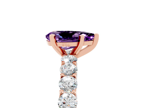 Rose gold Pear Cut Amethyst Solitaire Ring with Shared Prong Pavé Band and Four-Prong Setting_5