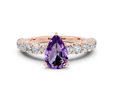Rose gold Pear Cut Amethyst Solitaire Ring with Shared Prong Pavé Band and Four-Prong Setting