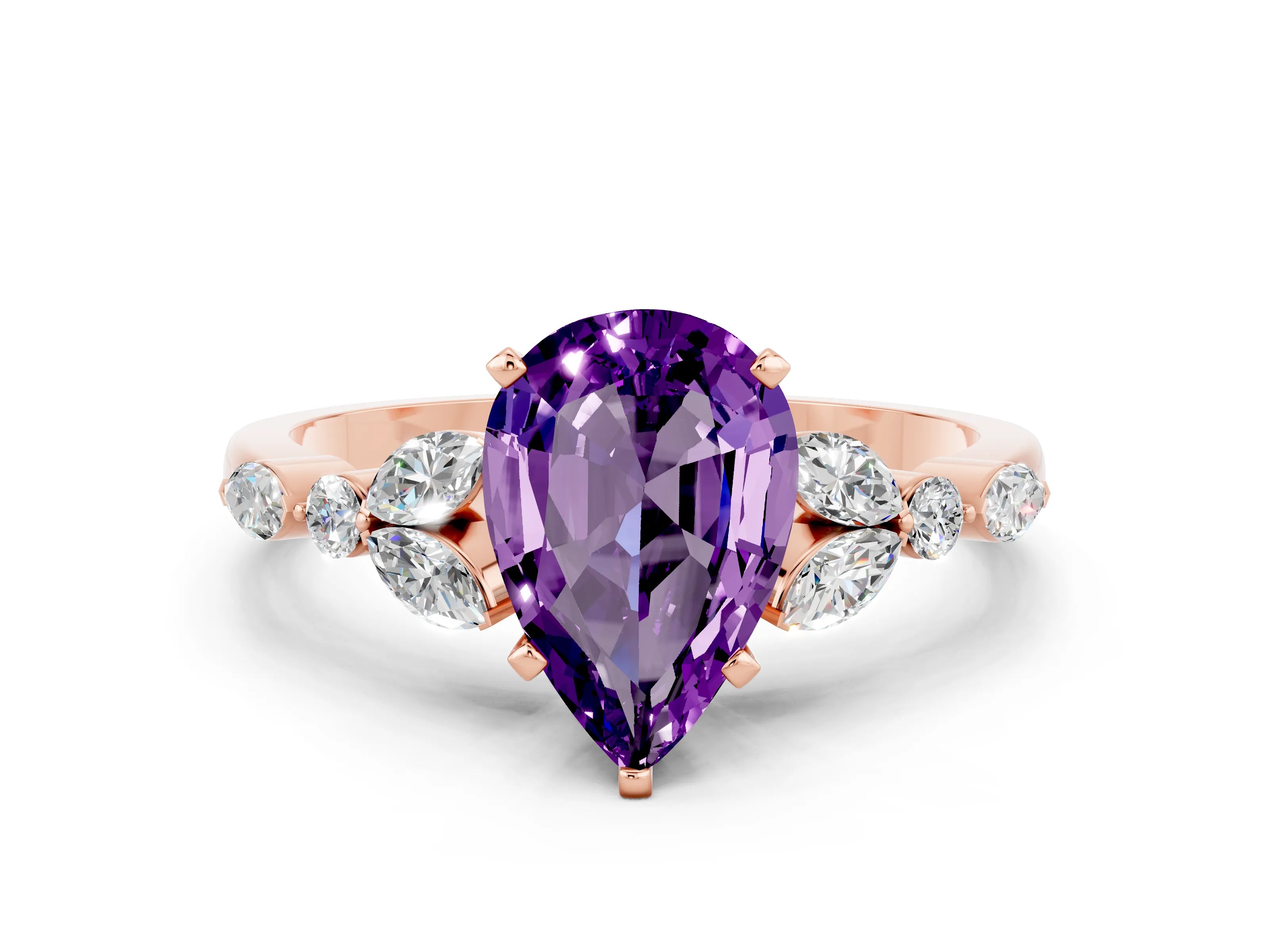 Rose gold Pear Cut Amethyst Solitaire Ring with Side Stones and Four-Prong Setting_12