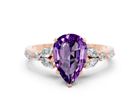 Rose gold Pear Cut Amethyst Solitaire Ring with Side Stones and Four-Prong Setting_12