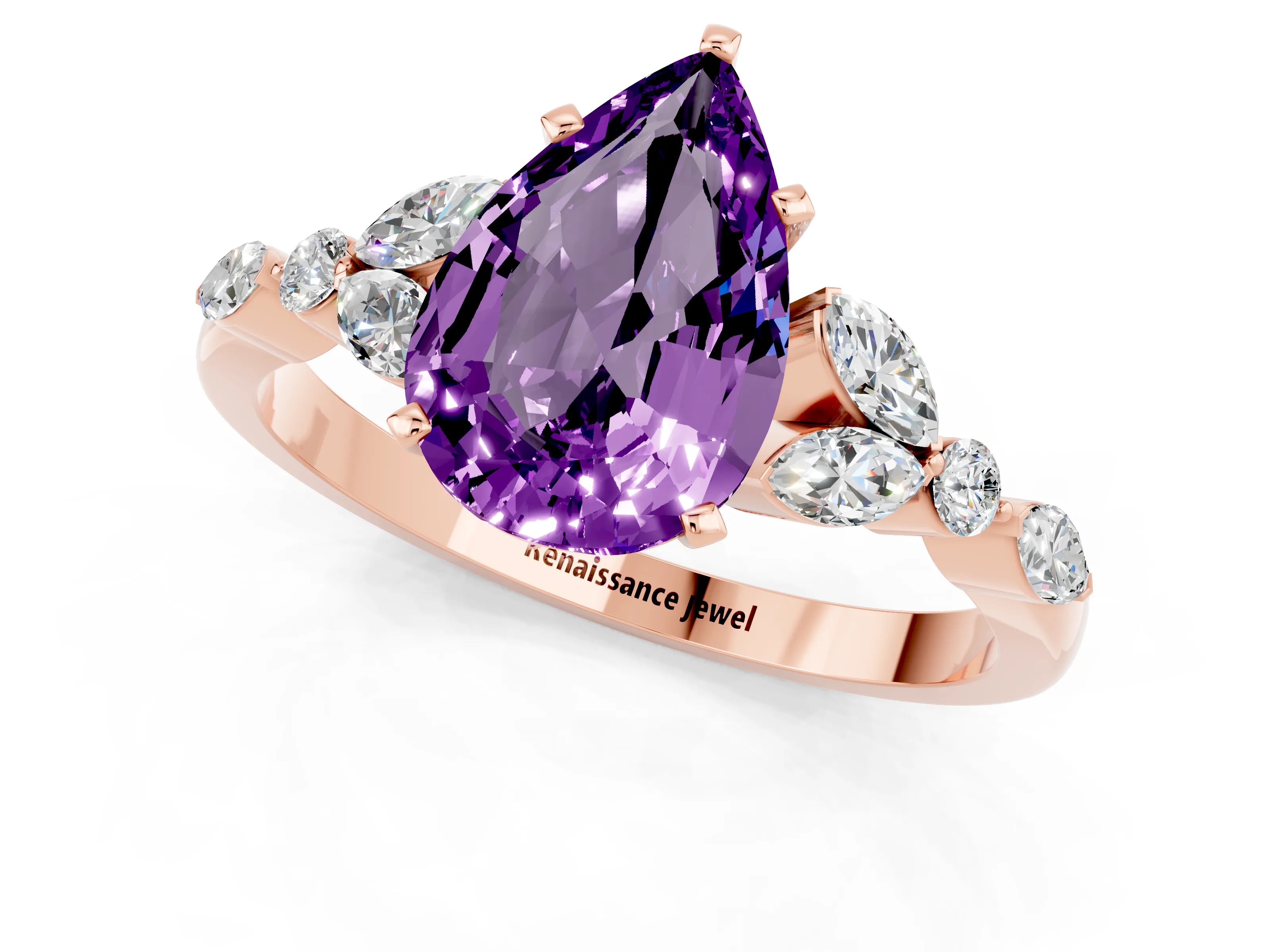 Rose gold Pear Cut Amethyst Solitaire Ring with Side Stones and Four-Prong Setting_13