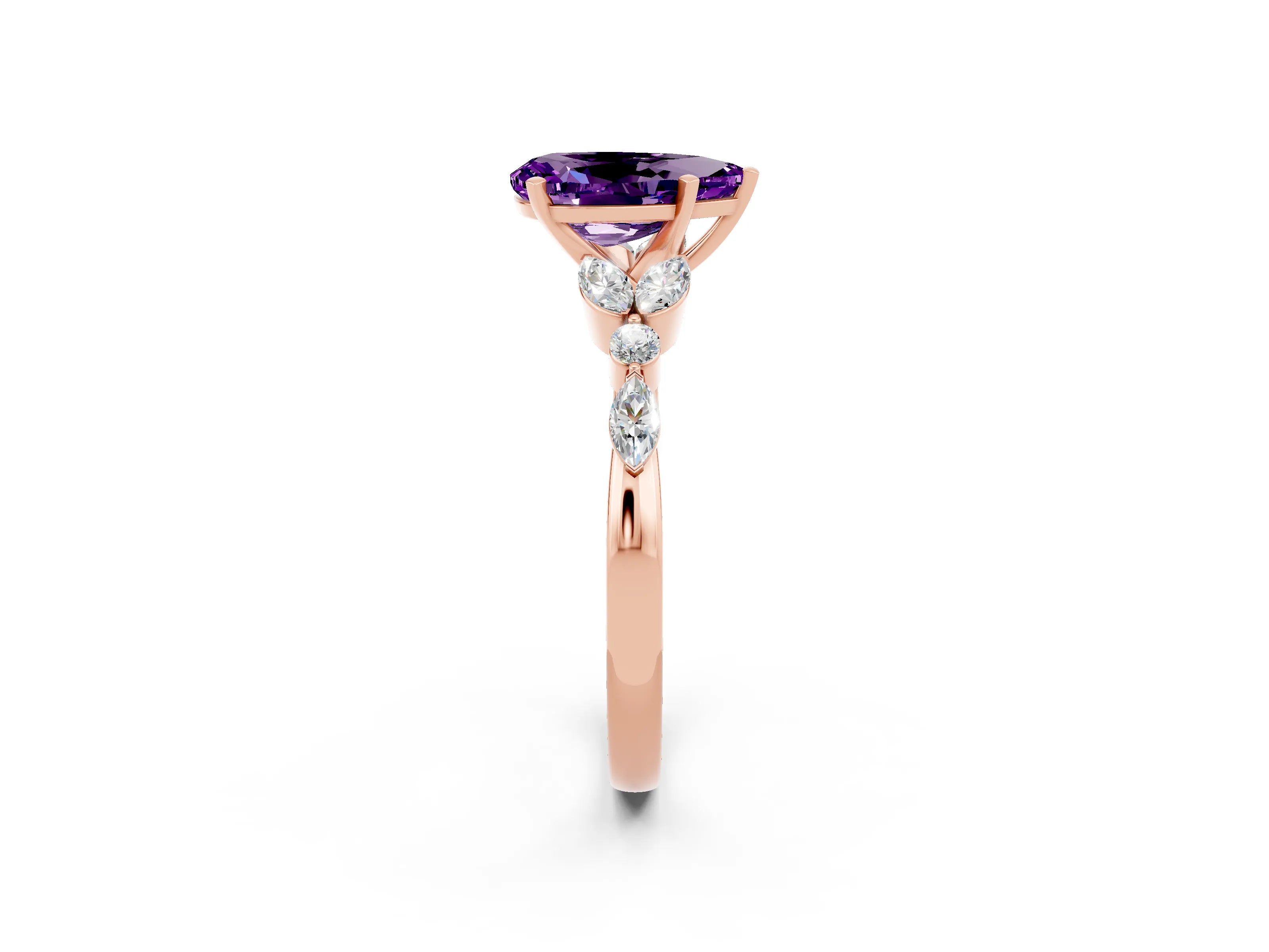 Rose gold Pear Cut Amethyst Solitaire Ring with Side Stones and Four-Prong Setting_14