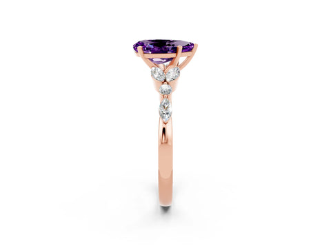 Rose gold Pear Cut Amethyst Solitaire Ring with Side Stones and Four-Prong Setting_14