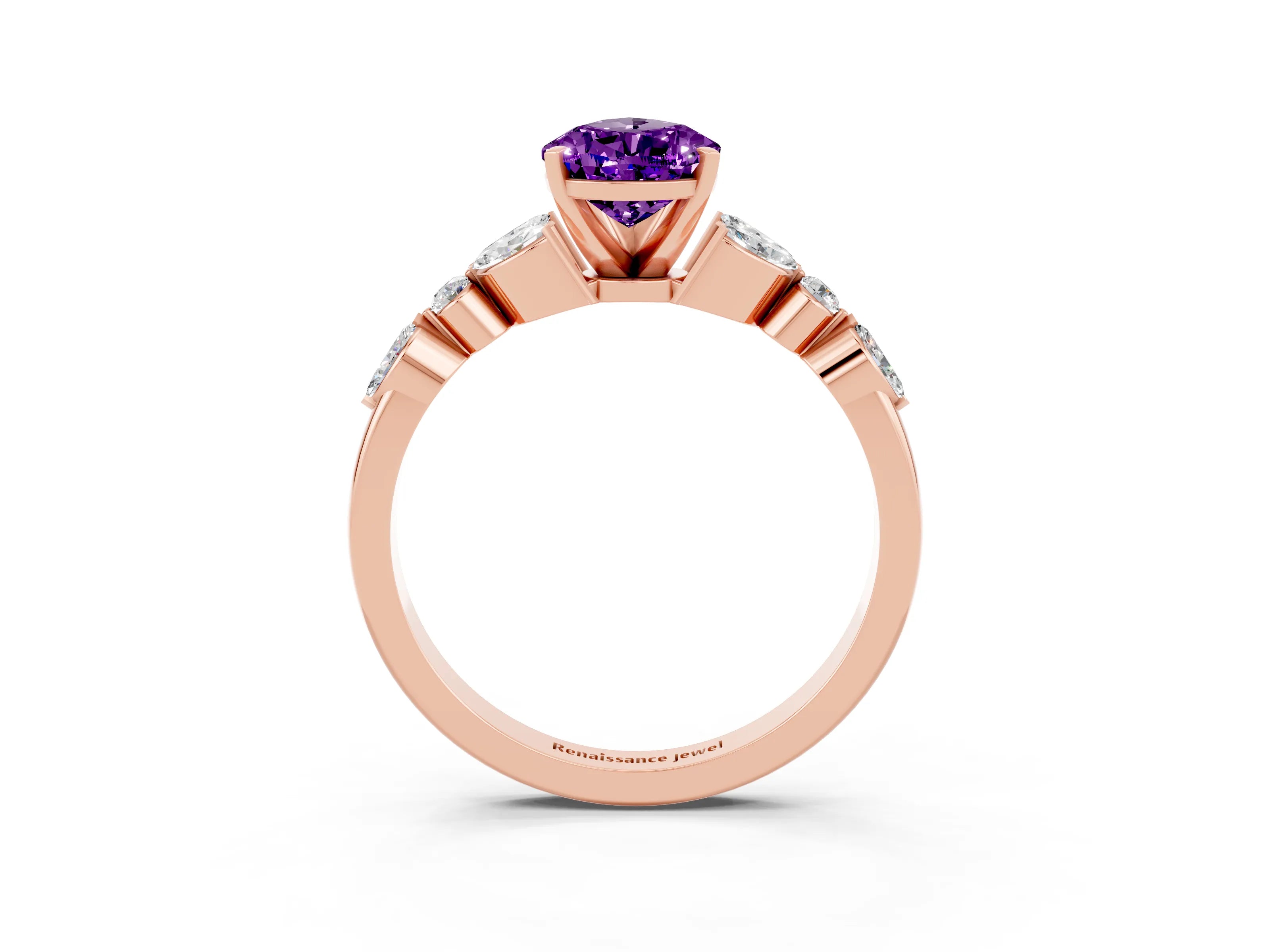 Rose gold Pear Cut Amethyst Solitaire Ring with Side Stones and Four-Prong Setting_15