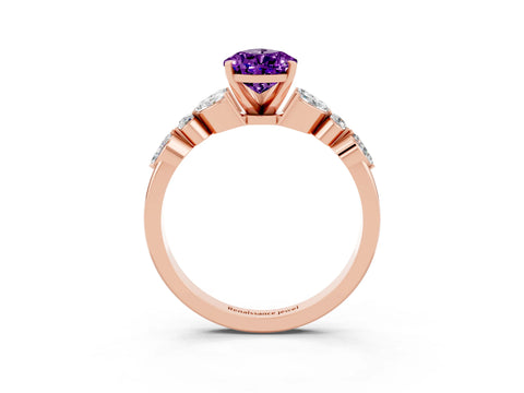 Rose gold Pear Cut Amethyst Solitaire Ring with Side Stones and Four-Prong Setting_15