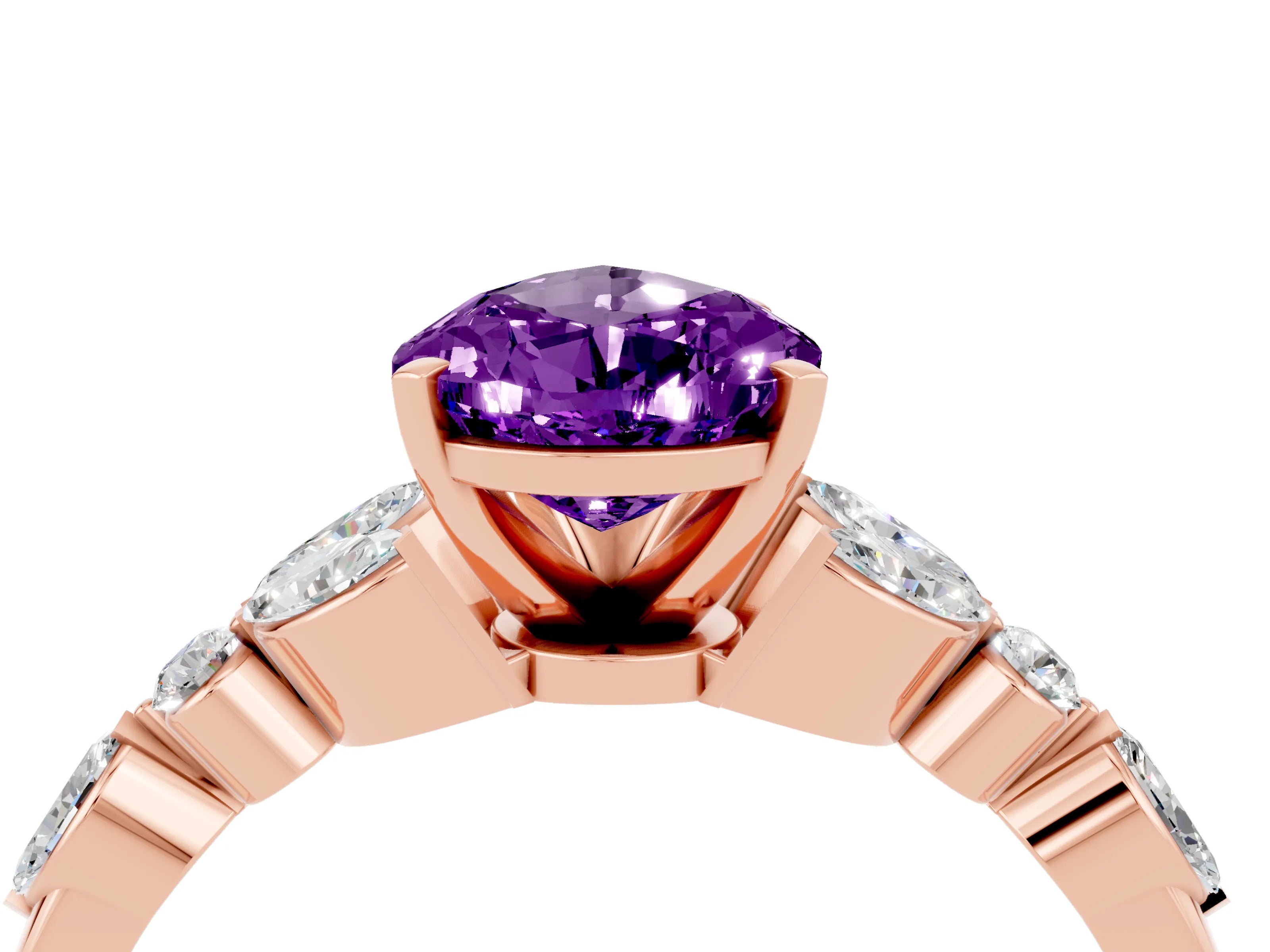 Rose gold Pear Cut Amethyst Solitaire Ring with Side Stones and Four-Prong Setting_16