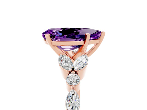 Rose gold Pear Cut Amethyst Solitaire Ring with Side Stones and Four-Prong Setting_17