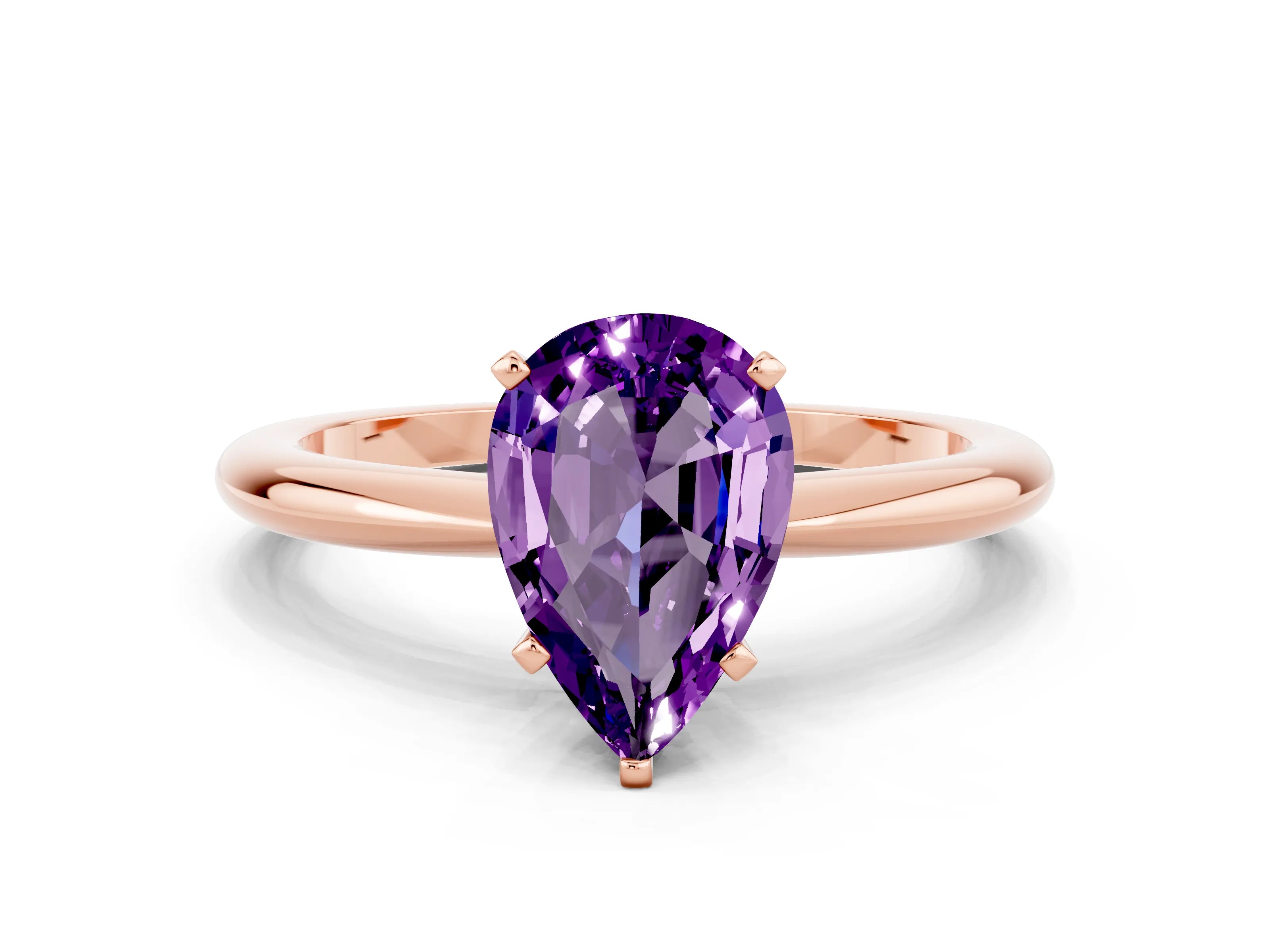 Rose gold Pear Cut Amethyst Solitaire Ring with Six-Prong Setting and Classic Band