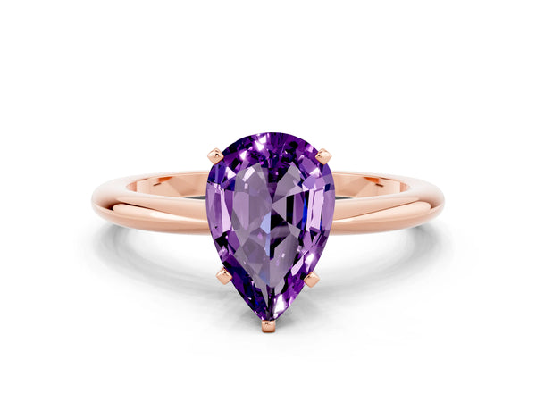 Rose gold Pear Cut Amethyst Solitaire Ring with Six-Prong Setting and Classic Band