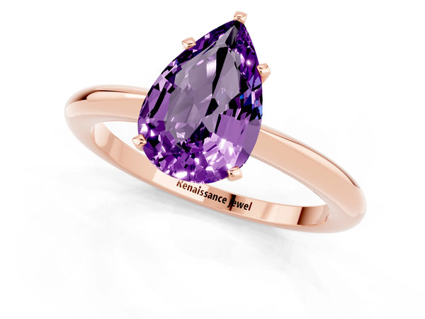 Rose gold Pear Cut Amethyst Solitaire Ring with Six-Prong Setting and Classic Band