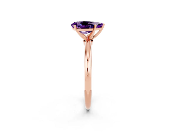 Rose gold Pear Cut Amethyst Solitaire Ring with Six-Prong Setting and Classic Band