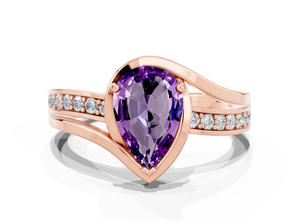 Rose gold Pear Cut Amethyst Solitaire Ring with Split Shank and Prong Setting