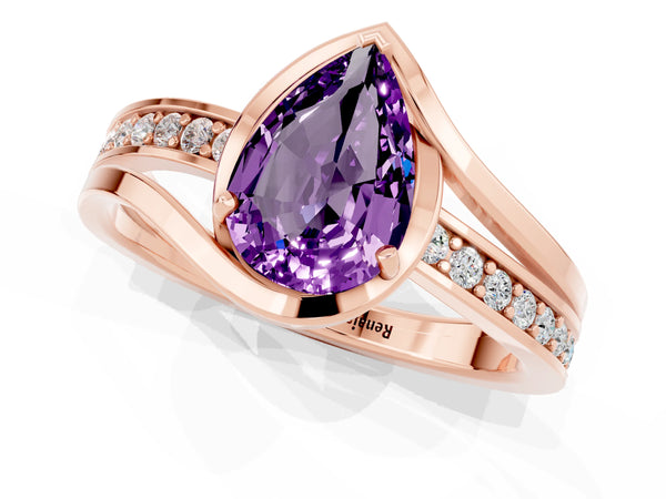 Rose gold Pear Cut Amethyst Solitaire Ring with Split Shank and Prong Setting