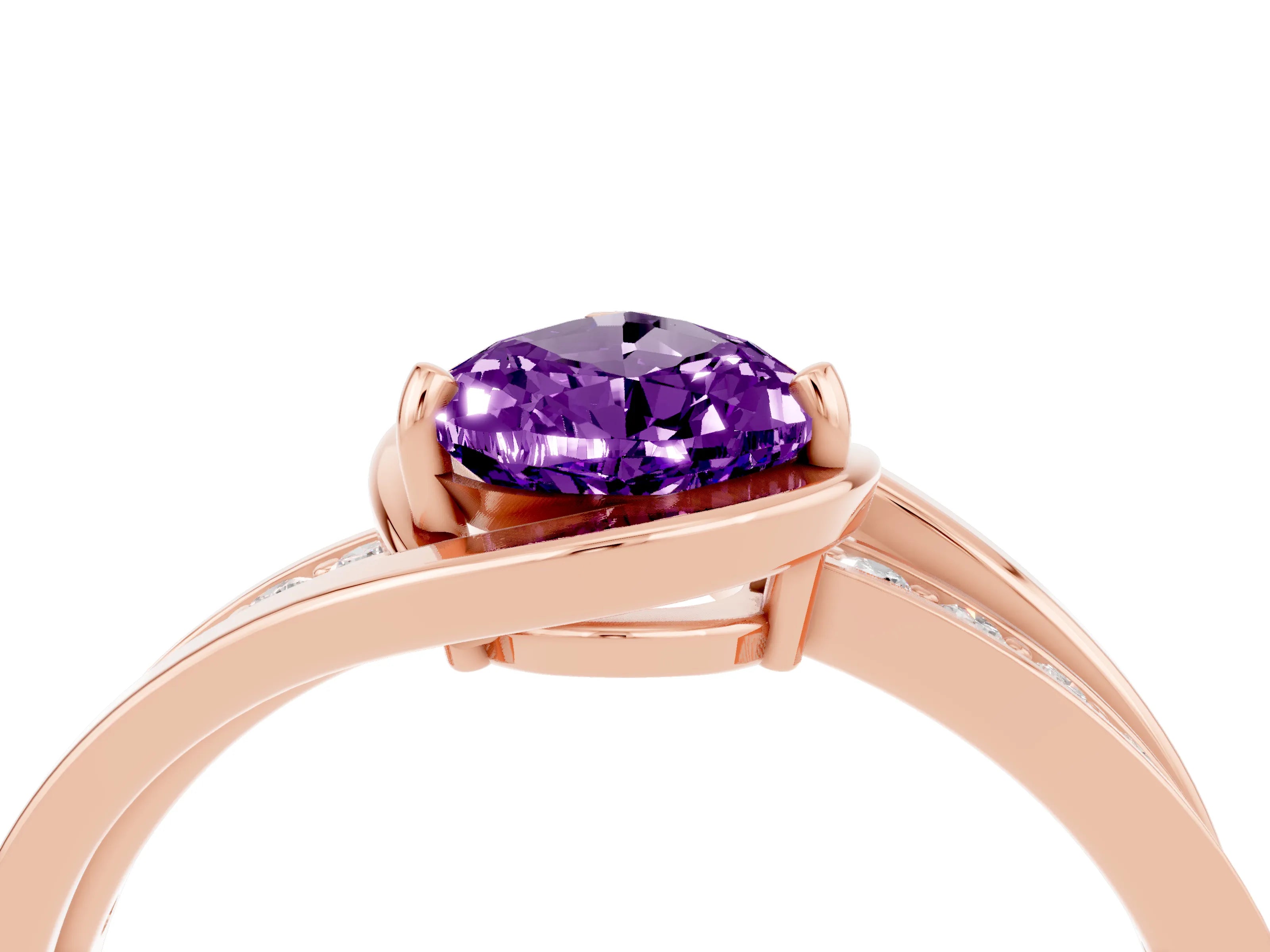 Rose gold Pear Cut Amethyst Solitaire Ring with Split Shank and Prong Setting_4