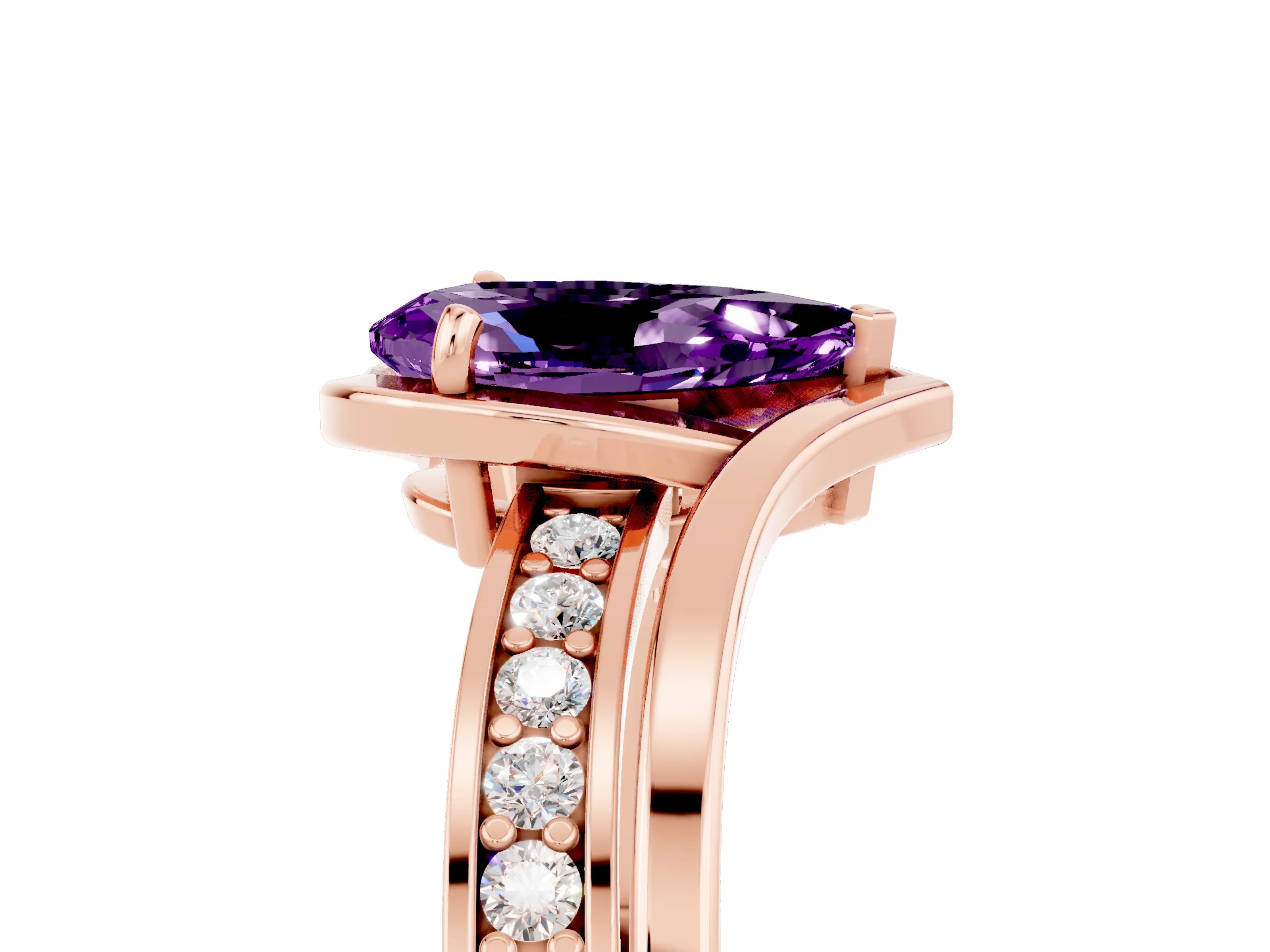 Rose gold Pear Cut Amethyst Solitaire Ring with Split Shank and Prong Setting_5