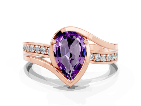 Rose gold Pear Cut Amethyst Solitaire Ring with Split Shank and Prong Setting