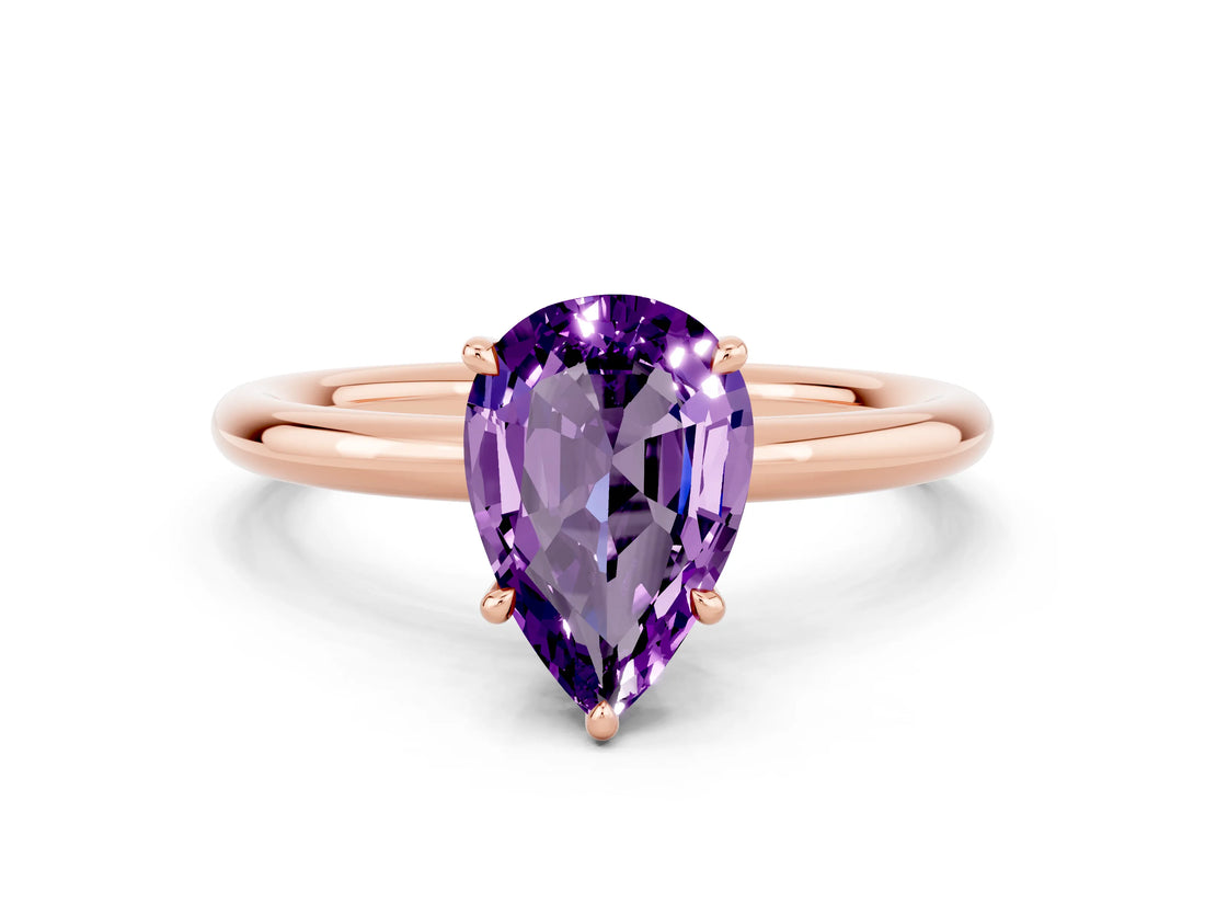 Rose gold Pear Cut Amethyst Solitaire Ring with Thin Band and Four-Prong Setting_12