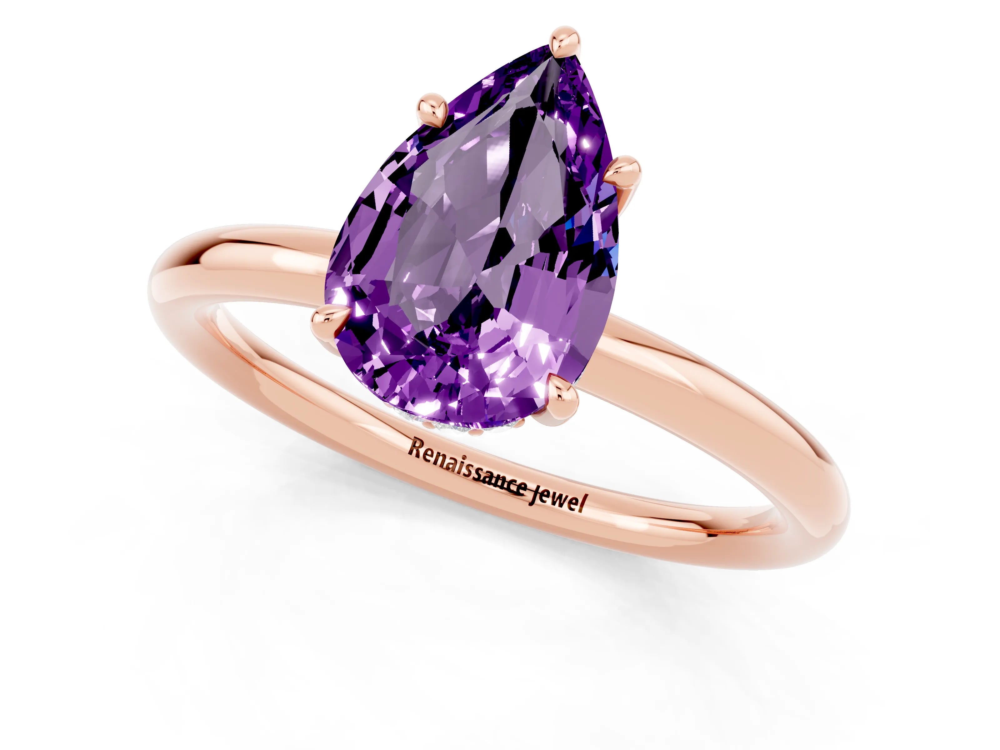 Rose gold Pear Cut Amethyst Solitaire Ring with Thin Band and Four-Prong Setting_13