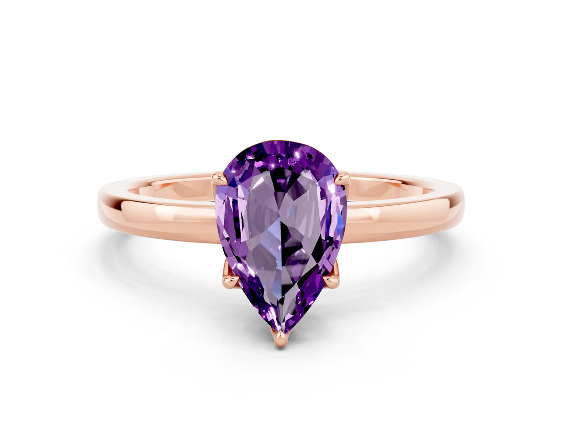 Rose gold Pear Cut Amethyst Solitaire Ring with Thin Band and Prong Setting_18