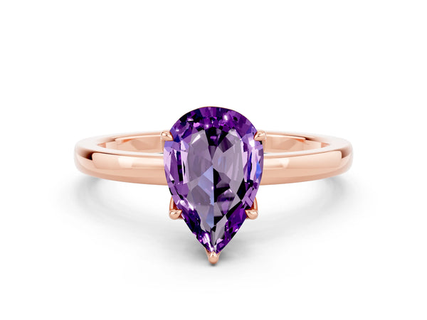 Rose gold Pear Cut Amethyst Solitaire Ring with Thin Band and Prong Setting