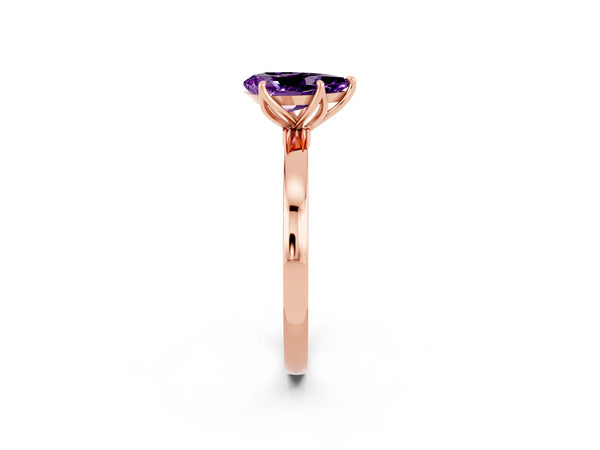 Rose gold Pear Cut Amethyst Solitaire Ring with Thin Band and Prong Setting