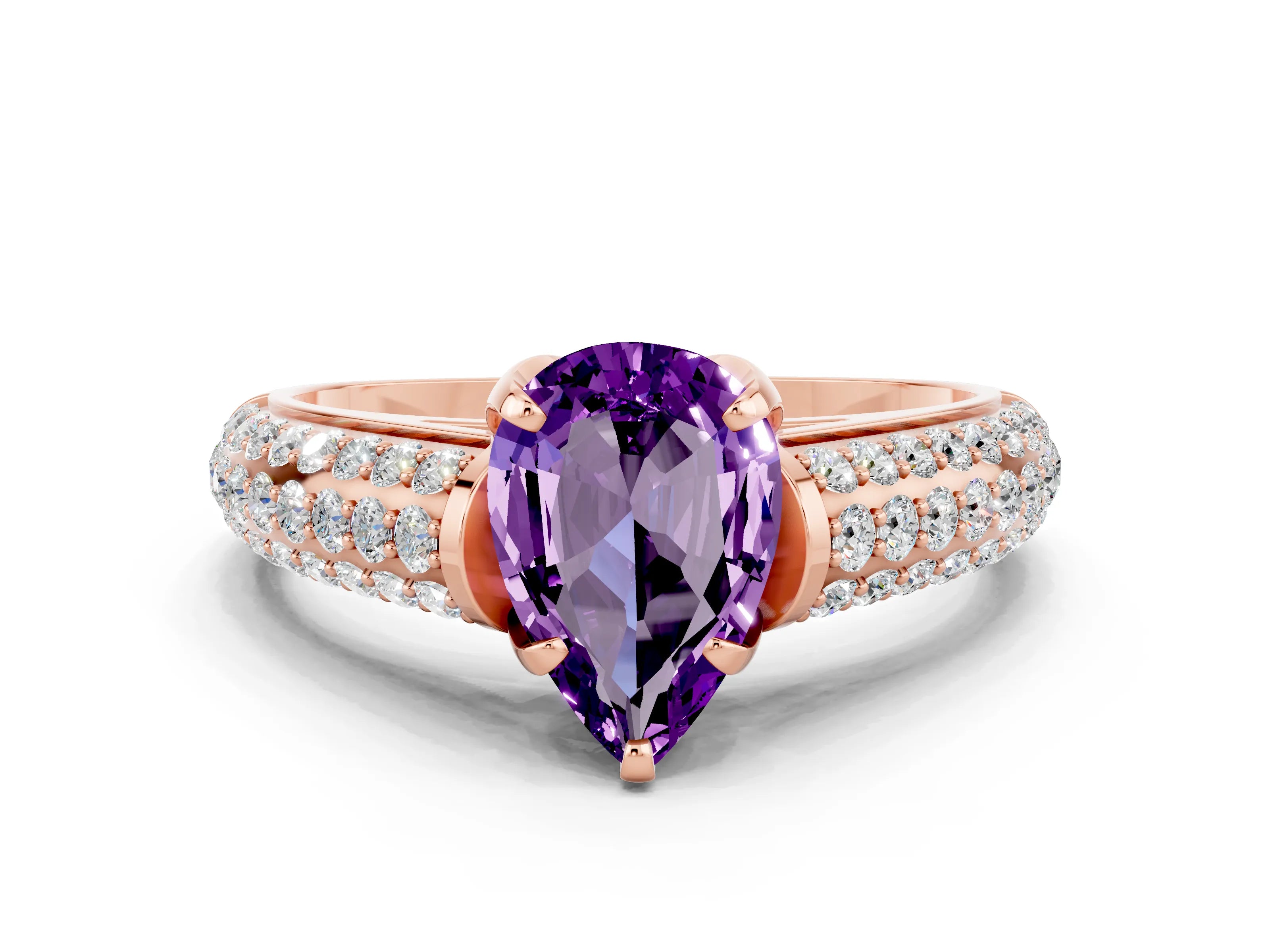 Rose gold Pear Cut Amethyst Solitaire Ring with Three-Row Pavé Band and Four-Prong Setting_12