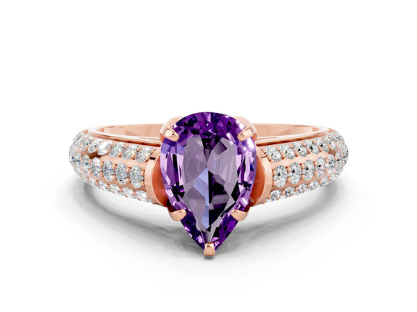 Rose gold Pear Cut Amethyst Solitaire Ring with Three-Row Pavé Band and Four-Prong Setting