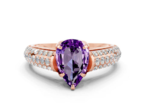 Rose gold Pear Cut Amethyst Solitaire Ring with Three-Row Pavé Band and Four-Prong Setting_12