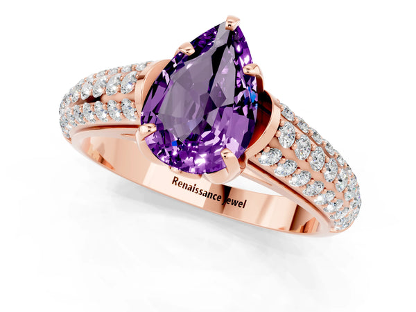 Rose gold Pear Cut Amethyst Solitaire Ring with Three-Row Pavé Band and Four-Prong Setting